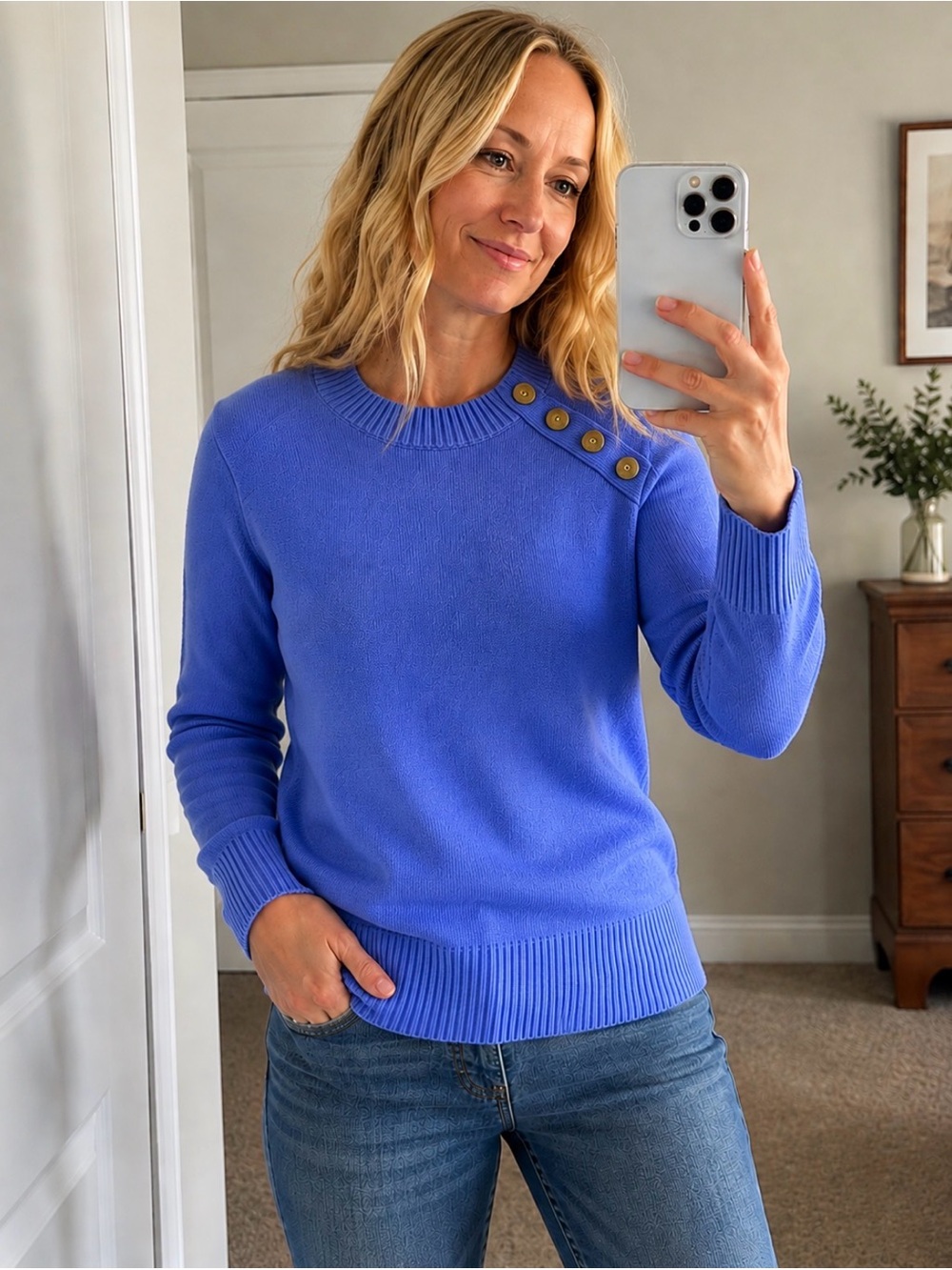 LOFT Outlet Periwinkle Blue Solid Knit Button Pullover Sweater Crew Neck S